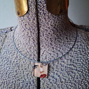 Lady Pendant on Blue Wire Choker Necklace